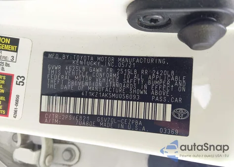 2021 Toyota Camry Trd z USA, uszkodzony, nr VIN 4T1KZ1AK5MU056093